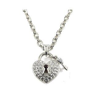 18" Heart & Key Pave Clear Crystal Silvertone Chain Link Charm Keyhole Necklace